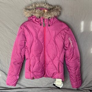 Salomon ski and snow Magenta Quilted Jacket with Faux Fur Hood waterproof NWT